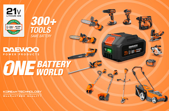 Снегоуборщик совместим со всеми аккумуляторными инструментами и батареями DAEWOO линейки 21В.